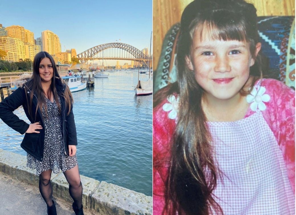 Paige Demery now and when she was 4